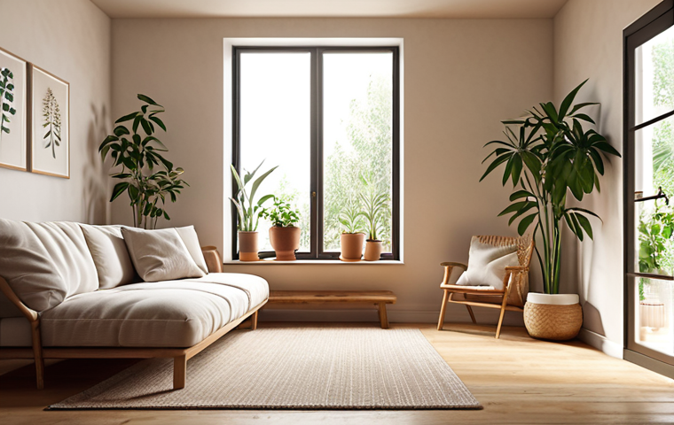 **A cozy, warm minimalist living room:** Soft textures, natural light, a few carefully chosen plants, and a focus on creating a sense of calm and well-being.